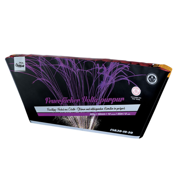 Feuertopf Feuerfächer Volta Purpur (FSR30-10-20) von Funke mit 10-Schuss, 3 Sekunden Laufzeit und 305 Gramm NEM der Kategorie F2 online kaufen und bestellen im Feuerwerk-Shop Funkelfun. Günstiger Feuerwerkshop für Silvester. Hier Angebot sichern!