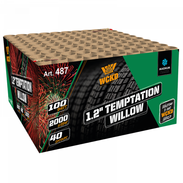 Verbundfeuerwerk 1.2" Temptation Willow (0487) von Broekhoff mit 100-Schuss, 76 Sekunden Laufzeit und 1911 Gramm NEM der Kategorie F2 online kaufen und bestellen im Feuerwerk-Shop Funkelfun. Günstiger Feuerwerkshop für Silvester. Hier Angebot sichern!