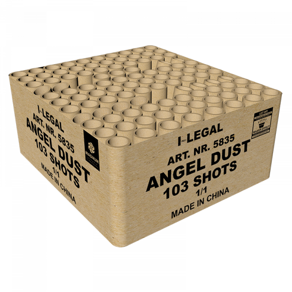 Verbundfeuerwerk Angel Dust (5835) von Broekhoff mit 103-Schuss, 50 Sekunden Laufzeit und 500 Gramm NEM der Kategorie online kaufen und bestellen im Feuerwerk-Shop Funkelfun. Günstiger Feuerwerkshop für Silvester. Hier Angebot sichern!