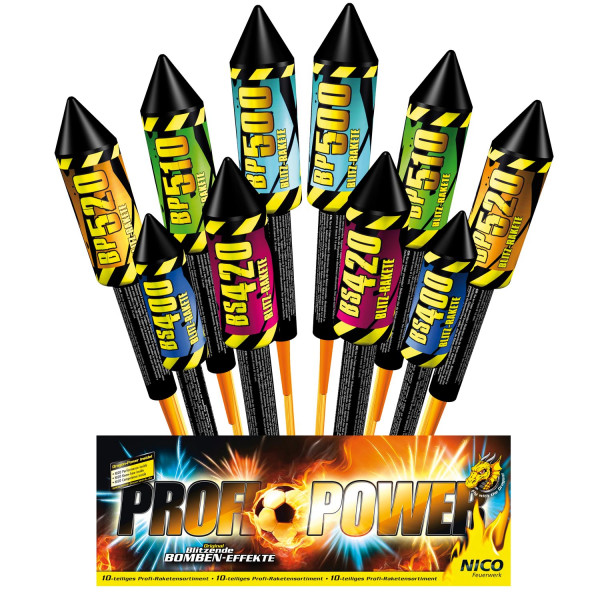 Raketen Profi-Power (54004) von Nico mit 10-Schuss, 6 Sekunden Laufzeit und 173 Gramm NEM der Kategorie F2 online kaufen und bestellen im Feuerwerk-Shop Funkelfun. Günstiger Feuerwerkshop für Silvester. Hier Angebot sichern!