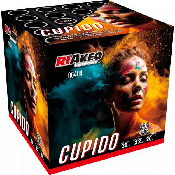 Batteriefeuerwerk Cupido (6404) von Riakeo Fireworks mit 20-Schuss, 20 Sekunden Laufzeit und 427 Gramm NEM der Kategorie F2 online kaufen und bestellen im Feuerwerk-Shop Funkelfun. Günstiger Feuerwerkshop für Silvester. Hier Angebot sichern!