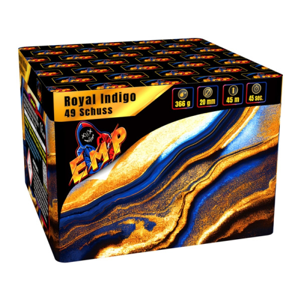 Batteriefeuerwerk Royal Indigo (82052) von EMP mit 49-Schuss, 45 Sekunden Laufzeit und 336 Gramm NEM der Kategorie F2 online kaufen und bestellen im Feuerwerk-Shop Funkelfun. Günstiger Feuerwerkshop für Silvester. Hier Angebot sichern!