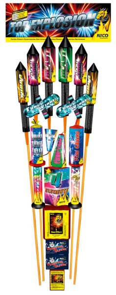 Familiensortiment Top Explosion (55006) von Nico mit -Schuss, Sekunden Laufzeit und 265 Gramm NEM der Kategorie F2 online kaufen und bestellen im Feuerwerk-Shop Funkelfun. Günstiger Feuerwerkshop für Silvester. Hier Angebot sichern!
