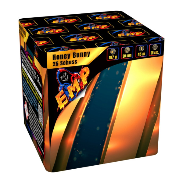Batteriefeuerwerk Honey Bunny (82034) von EMP mit 25-Schuss, 25 Sekunden Laufzeit und 187 Gramm NEM der Kategorie F2 online kaufen und bestellen im Feuerwerk-Shop Funkelfun. Günstiger Feuerwerkshop für Silvester. Hier Angebot sichern!