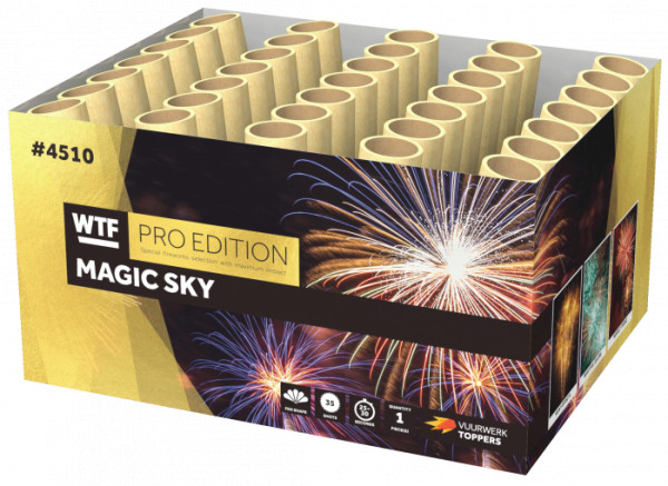 Batteriefeuerwerk Magic Sky (4510) von WTF! mit 35-Schuss, 30 Sekunden Laufzeit und 494 Gramm NEM der Kategorie F2 online kaufen und bestellen im Feuerwerk-Shop Funkelfun. Günstiger Feuerwerkshop für Silvester. Hier Angebot sichern!