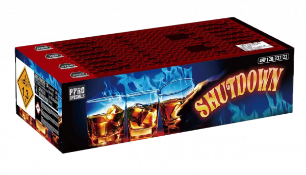 Verbundfeuerwerk Shutdown (ER-286-2) von Pyro Specials mit 286-Schuss, 100 Sekunden Laufzeit und 3854 Gramm NEM der Kategorie F2 online kaufen und bestellen im Feuerwerk-Shop Funkelfun. Günstiger Feuerwerkshop für Silvester. Hier Angebot sichern!