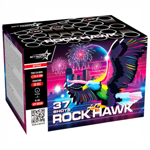 Batteriefeuerwerk Rock Hawk (HF1704S) von Sky Painter Fireworks mit 37-Schuss, 30 Sekunden Laufzeit und 491 Gramm NEM der Kategorie F2 online kaufen und bestellen im Feuerwerk-Shop Funkelfun. Günstiger Feuerwerkshop für Silvester. Hier Angebot sichern!