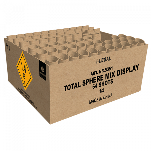 Verbundfeuerwerk Total Sphere Mix Display (5351) von Broekhoff mit 64-Schuss, 45 Sekunden Laufzeit und 790 Gramm NEM der Kategorie F2 online kaufen und bestellen im Feuerwerk-Shop Funkelfun. Günstiger Feuerwerkshop für Silvester. Hier Angebot sichern!
