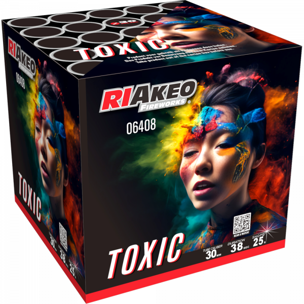 Batteriefeuerwerk Toxic (6408) von Riakeo Fireworks mit 25-Schuss, 30 Sekunden Laufzeit und 463 Gramm NEM der Kategorie F2 online kaufen und bestellen im Feuerwerk-Shop Funkelfun. Günstiger Feuerwerkshop für Silvester. Hier Angebot sichern!