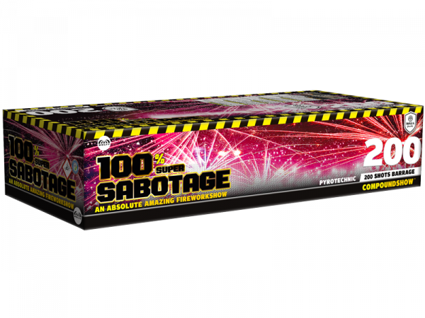 Verbundfeuerwerk Sabotage (7748) von Wolff mit 200-Schuss, 105 Sekunden Laufzeit und 1957 Gramm NEM der Kategorie F2 online kaufen und bestellen im Feuerwerk-Shop Funkelfun. Günstiger Feuerwerkshop für Silvester. Hier Angebot sichern!