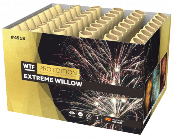 Batteriefeuerwerk Extreme Willow (4518) von WTF! mit 48-Schuss, 25 Sekunden Laufzeit und 500 Gramm NEM der Kategorie F2 online kaufen und bestellen im Feuerwerk-Shop Funkelfun. Günstiger Feuerwerkshop für Silvester. Hier Angebot sichern!