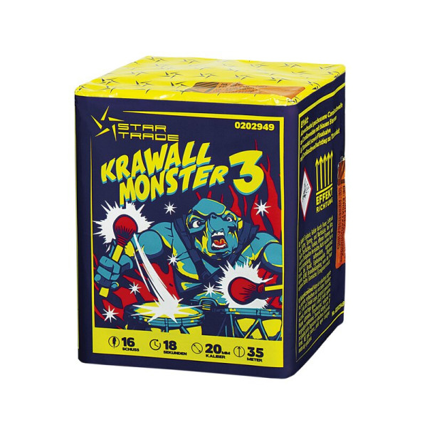 Batteriefeuerwerk Krawallmonster 3 (202949) von Startrade mit 16-Schuss, 18 Sekunden Laufzeit und 127,6 Gramm NEM der Kategorie F2 online kaufen und bestellen im Feuerwerk-Shop Funkelfun. Günstiger Feuerwerkshop für Silvester. Hier Angebot sichern!