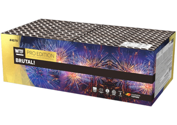Verbundfeuerwerk BRUTAL! (4570) von WTF! mit 244-Schuss, 195 Sekunden Laufzeit und 3890 Gramm NEM der Kategorie F2 online kaufen und bestellen im Feuerwerk-Shop Funkelfun. Günstiger Feuerwerkshop für Silvester. Hier Angebot sichern!