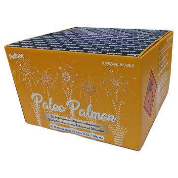 Verbundfeuerwerk Paleo Palmen (PP-VB-30-100-02S) von Pulver mit 100-Schuss, 65 Sekunden Laufzeit und 2500 Gramm NEM der Kategorie F2 online kaufen und bestellen im Feuerwerk-Shop Funkelfun. Günstiger Feuerwerkshop für Silvester. Hier Angebot sichern!