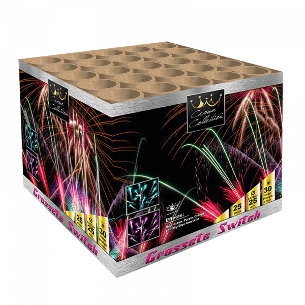 Batteriefeuerwerk Crossette Switch (0630) von Broekhoff mit 25-Schuss, 25 Sekunden Laufzeit und 353 Gramm NEM der Kategorie F2 online kaufen und bestellen im Feuerwerk-Shop Funkelfun. Günstiger Feuerwerkshop für Silvester. Hier Angebot sichern!