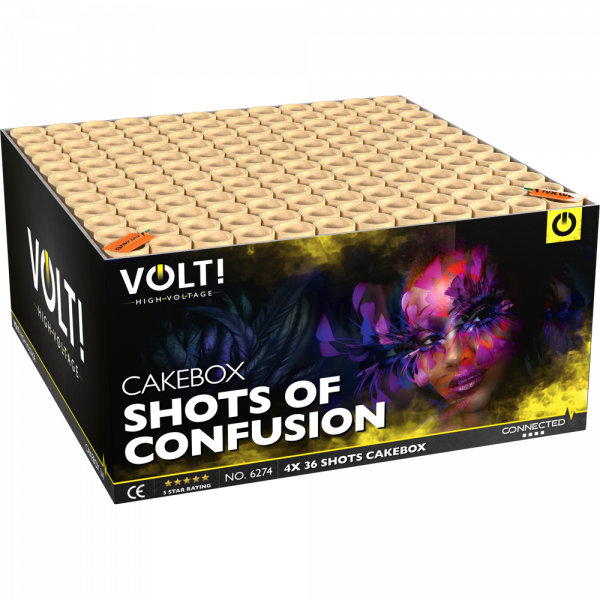 Verbundfeuerwerk Shots Of Confusion (6274) von Volt Fireworks mit 144-Schuss, 72 Sekunden Laufzeit und 1882,8 Gramm NEM der Kategorie F2 online kaufen und bestellen im Feuerwerk-Shop Funkelfun. Günstiger Feuerwerkshop für Silvester. Hier Angebot sichern!