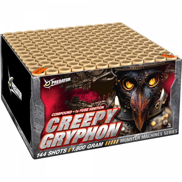 Verbundfeuerwerk Creepy Gryphon (04454) von Lesli mit 144-Schuss, 80 Sekunden Laufzeit und 1800 Gramm NEM der Kategorie F2 online kaufen und bestellen im Feuerwerk-Shop Funkelfun. Günstiger Feuerwerkshop für Silvester. Hier Angebot sichern!