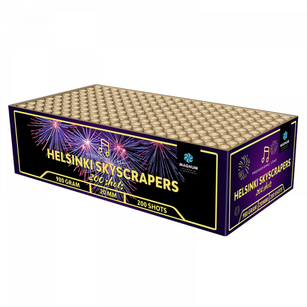 Verbundfeuerwerk Helsinki Skyscrapers (VC413) von Broekhoff mit 200-Schuss, 50 Sekunden Laufzeit und 980 Gramm NEM der Kategorie F2 online kaufen und bestellen im Feuerwerk-Shop Funkelfun. Günstiger Feuerwerkshop für Silvester. Hier Angebot sichern!