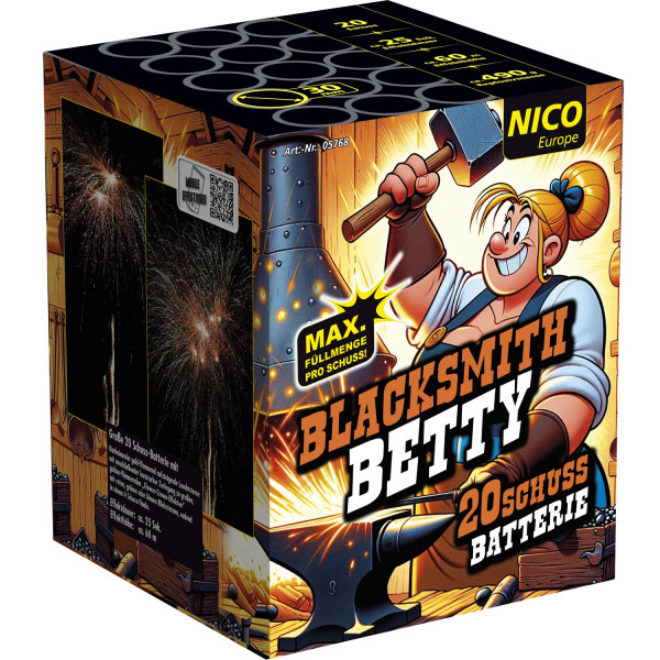 Batteriefeuerwerk Blacksmith Betty (05768) von Nico mit 20-Schuss, 25 Sekunden Laufzeit und 490 Gramm NEM der Kategorie F2 online kaufen und bestellen im Feuerwerk-Shop Funkelfun. Günstiger Feuerwerkshop für Silvester. Hier Angebot sichern!