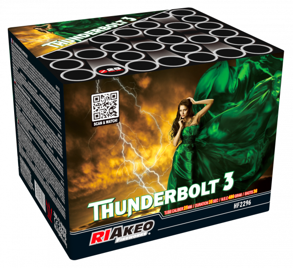 Batteriefeuerwerk Riakeo Thunderbolt 3 (HF2296) von Riakeo Fireworks mit 36-Schuss, 35 Sekunden Laufzeit und 486 Gramm NEM der Kategorie F2 online kaufen und bestellen im Feuerwerk-Shop Funkelfun. Günstiger Feuerwerkshop für Silvester. Hier Angebot sicher