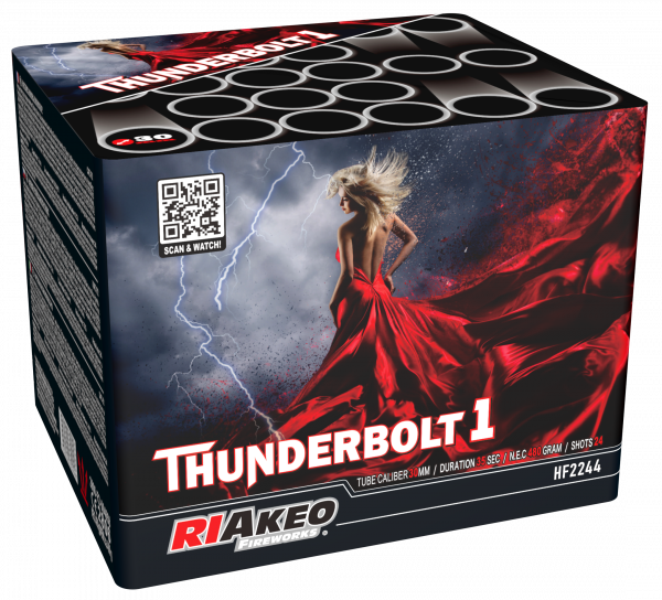 Batteriefeuerwerk Riakeo Thunderbolt 1 (HF2244) von Riakeo Fireworks mit 24-Schuss, 35 Sekunden Laufzeit und 480 Gramm NEM der Kategorie F2 online kaufen und bestellen im Feuerwerk-Shop Funkelfun. Günstiger Feuerwerkshop für Silvester. Hier Angebot sicher