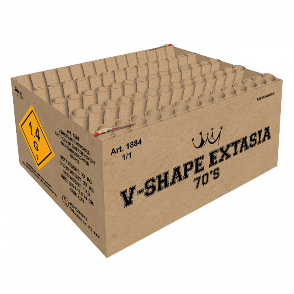 Verbundfeuerwerk V-Shape Extasia (1884) von Broekhoff mit 70-Schuss, 32 Sekunden Laufzeit und 987 Gramm NEM der Kategorie F2 online kaufen und bestellen im Feuerwerk-Shop Funkelfun. Günstiger Feuerwerkshop für Silvester. Hier Angebot sichern!