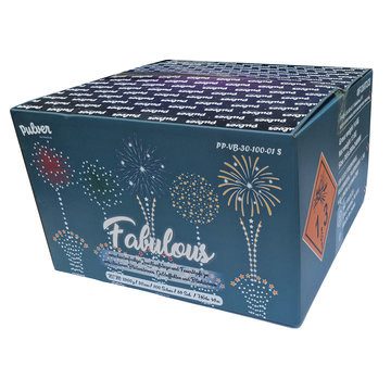 Verbundfeuerwerk Fabulous (PP-VB-30-100-01S) von Pulver mit 100-Schuss, 65 Sekunden Laufzeit und 2500 Gramm NEM der Kategorie F2 online kaufen und bestellen im Feuerwerk-Shop Funkelfun. Günstiger Feuerwerkshop für Silvester. Hier Angebot sichern!