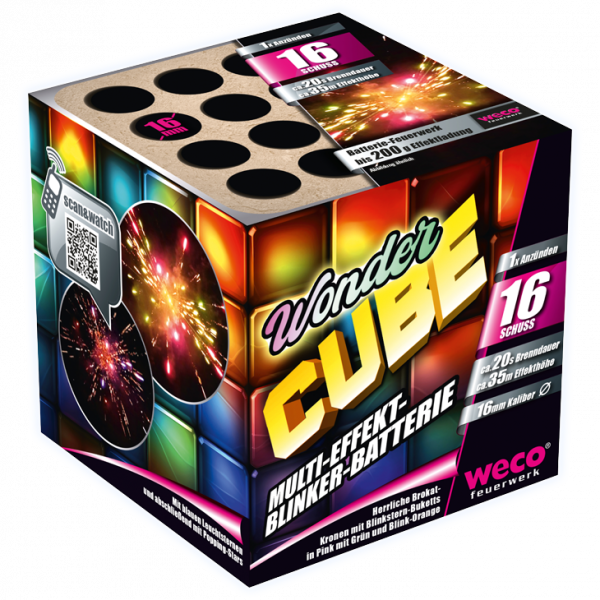 Batteriefeuerwerk Wonder Cube (341000) von Weco mit 16-Schuss, 20 Sekunden Laufzeit und 48 Gramm NEM der Kategorie F2 online kaufen und bestellen im Feuerwerk-Shop Funkelfun. Günstiger Feuerwerkshop für Silvester. Hier Angebot sichern!