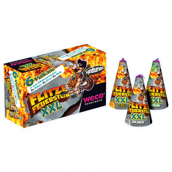 Jugendfeuerwerk Flitze Feuerstein XXL (490012) von Weco mit 6-Schuss, 15 Sekunden Laufzeit und 33 Gramm NEM der Kategorie F1 online kaufen und bestellen im Feuerwerk-Shop Funkelfun. Günstiger Feuerwerkshop für Silvester. Hier Angebot sichern!