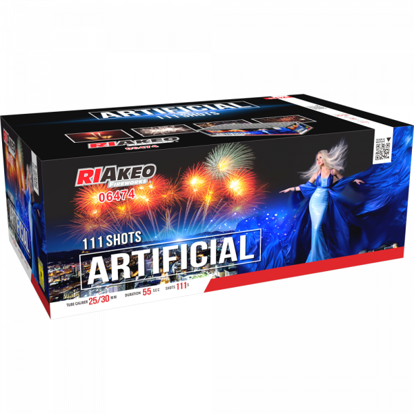 Verbundfeuerwerk Artificial (6474) von Riakeo Fireworks mit 111-Schuss, 55 Sekunden Laufzeit und 1866 Gramm NEM der Kategorie F2 online kaufen und bestellen im Feuerwerk-Shop Funkelfun. Günstiger Feuerwerkshop für Silvester. Hier Angebot sichern!