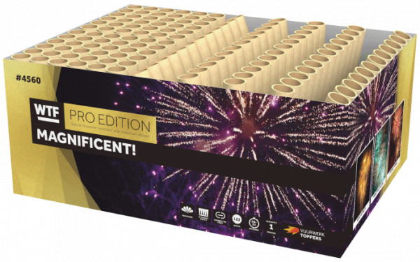 Verbundfeuerwerk MAGNIFICENT! (4560) von WTF! mit 122-Schuss, 55 Sekunden Laufzeit und 1938 Gramm NEM der Kategorie F2 online kaufen und bestellen im Feuerwerk-Shop Funkelfun. Günstiger Feuerwerkshop für Silvester. Hier Angebot sichern!