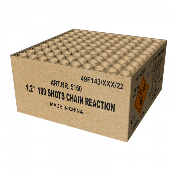 Verbundfeuerwerk 1.2" Chain Reaction (5160) von Broekhoff mit 100-Schuss, 65 Sekunden Laufzeit und 1940 Gramm NEM der Kategorie F2 online kaufen und bestellen im Feuerwerk-Shop Funkelfun. Günstiger Feuerwerkshop für Silvester. Hier Angebot sichern!