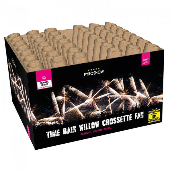 Batteriefeuerwerk Time Rain Willow Crossette Fan (2840) von Broekhoff mit 42-Schuss, 35 Sekunden Laufzeit und 500 Gramm NEM der Kategorie F2 online kaufen und bestellen im Feuerwerk-Shop Funkelfun. Günstiger Feuerwerkshop für Silvester. Angebot sichern!