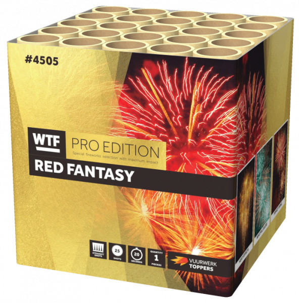 Batteriefeuerwerk Red Fantasy (4505) von WTF! mit 25-Schuss, 20 Sekunden Laufzeit und 345 Gramm NEM der Kategorie F2 online kaufen und bestellen im Feuerwerk-Shop Funkelfun. Günstiger Feuerwerkshop für Silvester. Hier Angebot sichern!