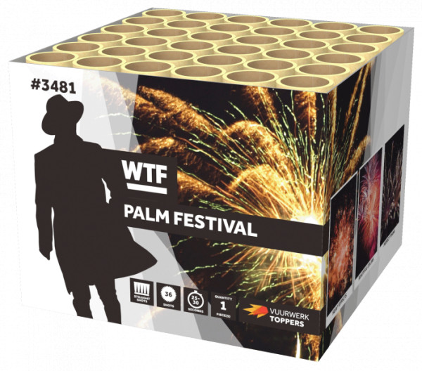 Batteriefeuerwerk Palm Festival (3481) von WTF! mit 36-Schuss, 30 Sekunden Laufzeit und 251 Gramm NEM der Kategorie F2 online kaufen und bestellen im Feuerwerk-Shop Funkelfun. Günstiger Feuerwerkshop für Silvester. Hier Angebot sichern!