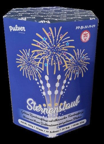 Batteriefeuerwerk Sternenstaub (PP-BI-30-19-10) von Pulver mit 19-Schuss, 35 Sekunden Laufzeit und 465 Gramm NEM der Kategorie F2 online kaufen und bestellen im Feuerwerk-Shop Funkelfun. Günstiger Feuerwerkshop für Silvester. Hier Angebot sichern!