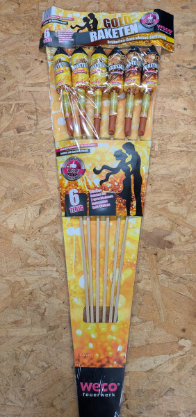 Raketen Goldraketen (203010-108) von Weco mit 6-Schuss, 5 Sekunden Laufzeit und 0 Gramm NEM der Kategorie F2 online kaufen und bestellen im Feuerwerk-Shop Funkelfun. Günstiger Feuerwerkshop für Silvester. Hier Angebot sichern!