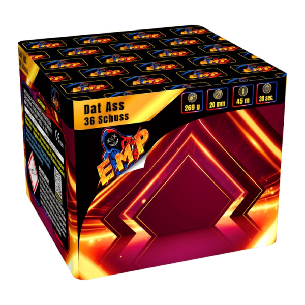 Batteriefeuerwerk Dat Ass (82039) von EMP mit 36-Schuss, 30 Sekunden Laufzeit und 269 Gramm NEM der Kategorie F2 online kaufen und bestellen im Feuerwerk-Shop Funkelfun. Günstiger Feuerwerkshop für Silvester. Hier Angebot sichern!