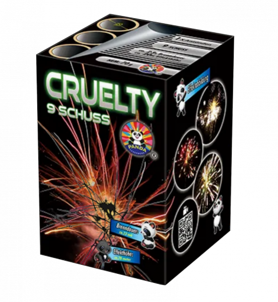 Batteriefeuerwerk Cruelty (GP3253) von Panda mit 9-Schuss, 22 Sekunden Laufzeit und 70 Gramm NEM der Kategorie F2 online kaufen und bestellen im Feuerwerk-Shop Funkelfun. Günstiger Feuerwerkshop für Silvester. Hier Angebot sichern!