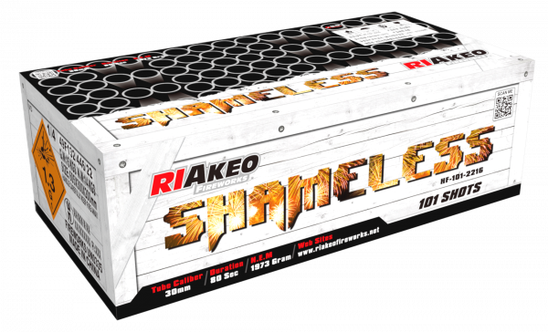 Verbundfeuerwerk Riakeo Shameless (HF-101-2216) von Riakeo Fireworks mit 101-Schuss, 60 Sekunden Laufzeit und 1987 Gramm NEM der Kategorie F2 online kaufen und bestellen im Feuerwerk-Shop Funkelfun. Günstiger Feuerwerkshop für Silvester. Angebot sichern!