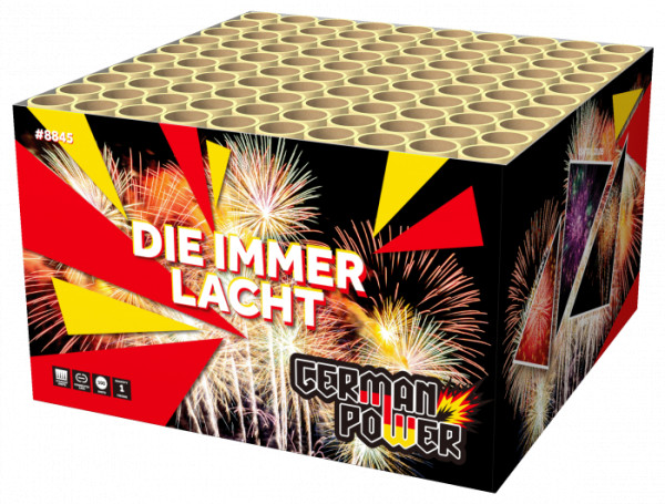 Verbundfeuerwerk Die Immer Lacht (8845) von WTF! mit 100-Schuss, 50 Sekunden Laufzeit und 1200 Gramm NEM der Kategorie F2 online kaufen und bestellen im Feuerwerk-Shop Funkelfun. Günstiger Feuerwerkshop für Silvester. Hier Angebot sichern!