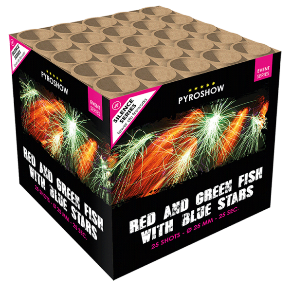 Batteriefeuerwerk Red and Green Fish with Blue Stars (2726) von Broekhoff mit 25-Schuss, 25 Sekunden Laufzeit und 285 Gramm NEM der Kategorie F2 online kaufen und bestellen im Feuerwerk-Shop Funkelfun. Günstiger Feuerwerkshop für Silvester. Angebot sicher