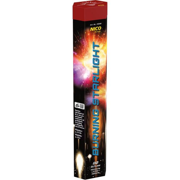 Römische Lichter Burning Starlight (05090) von Nico mit 80-Schuss, 35 Sekunden Laufzeit und 172 Gramm NEM der Kategorie F2 online kaufen und bestellen im Feuerwerk-Shop Funkelfun. Günstiger Feuerwerkshop für Silvester. Hier Angebot sichern!