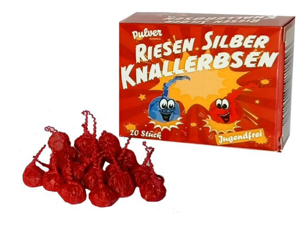 Jugendfeuerwerk Riesen-Knallerbsen 20er (PP-J-KE-05) von Pulver mit 20-Schuss, 0,1 Sekunden Laufzeit und 0,4 Gramm NEM der Kategorie F1 online kaufen und bestellen im Feuerwerk-Shop Funkelfun. Günstiger Feuerwerkshop für Silvester. Hier Angebot sichern!