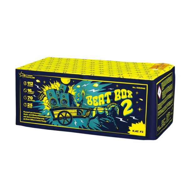 Verbundfeuerwerk Beatbox 2 (0202946) von Startrade mit 112-Schuss, 70 Sekunden Laufzeit und 499,52 Gramm NEM der Kategorie F2 online kaufen und bestellen im Feuerwerk-Shop Funkelfun. Günstiger Feuerwerkshop für Silvester. Hier Angebot sichern!