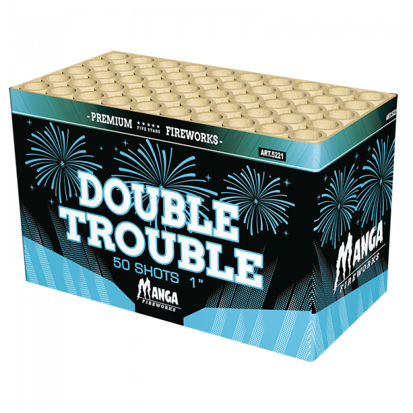 Verbundfeuerwerk Double Trouble (5221) von Broekhoff mit 50-Schuss, 25 Sekunden Laufzeit und 692 Gramm NEM der Kategorie F2 online kaufen und bestellen im Feuerwerk-Shop Funkelfun. Günstiger Feuerwerkshop für Silvester. Hier Angebot sichern!
