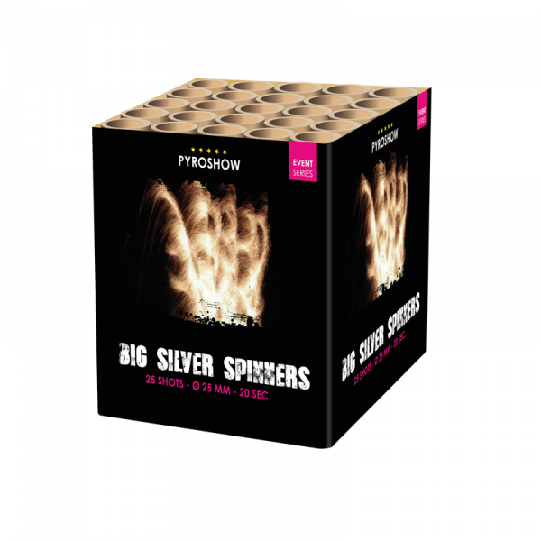 Batteriefeuerwerk Big Silver Spinner (2730) von Broekhoff mit 25-Schuss, 20 Sekunden Laufzeit und 195 Gramm NEM der Kategorie online kaufen und bestellen im Feuerwerk-Shop Funkelfun. Günstiger Feuerwerkshop für Silvester. Hier Angebot sichern!