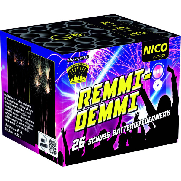 Batteriefeuerwerk Remmidemmi (05239) von Nico mit 26-Schuss, 25 Sekunden Laufzeit und 164 Gramm NEM der Kategorie F2 online kaufen und bestellen im Feuerwerk-Shop Funkelfun. Günstiger Feuerwerkshop für Silvester. Hier Angebot sichern!