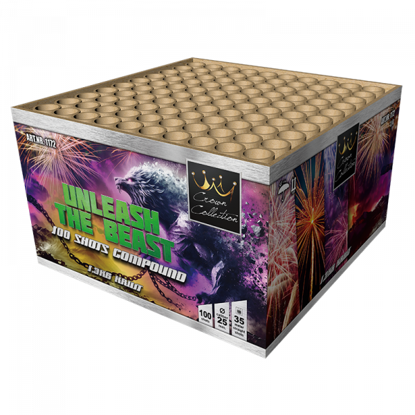 Verbundfeuerwerk Unleash the Beast (1172) von Broekhoff mit 100-Schuss, 70 Sekunden Laufzeit und 1260 Gramm NEM der Kategorie F2 online kaufen und bestellen im Feuerwerk-Shop Funkelfun. Günstiger Feuerwerkshop für Silvester. Hier Angebot sichern!