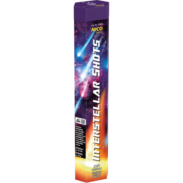 Römische Lichter Interstellar Shots (05092) von Nico mit 100-Schuss, 35 Sekunden Laufzeit und 180 Gramm NEM der Kategorie F2 online kaufen und bestellen im Feuerwerk-Shop Funkelfun. Günstiger Feuerwerkshop für Silvester. Hier Angebot sichern!